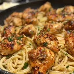 Delicious chicken bites coated in garlic butter on a bed of cheesy spaghetti, captured in vibrant detail.