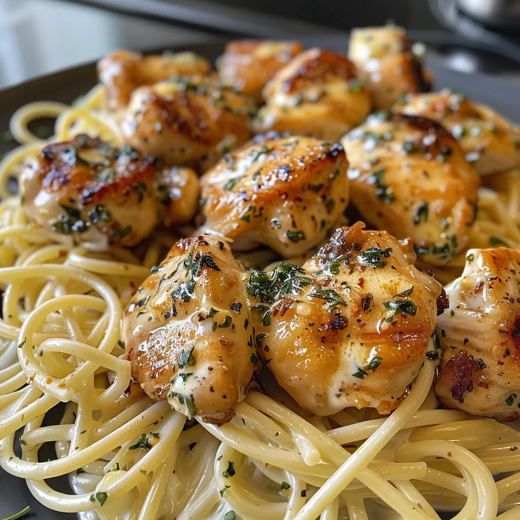 Succulent chicken pieces in garlic butter sauce, elegantly presented with spaghetti and Parmesan.