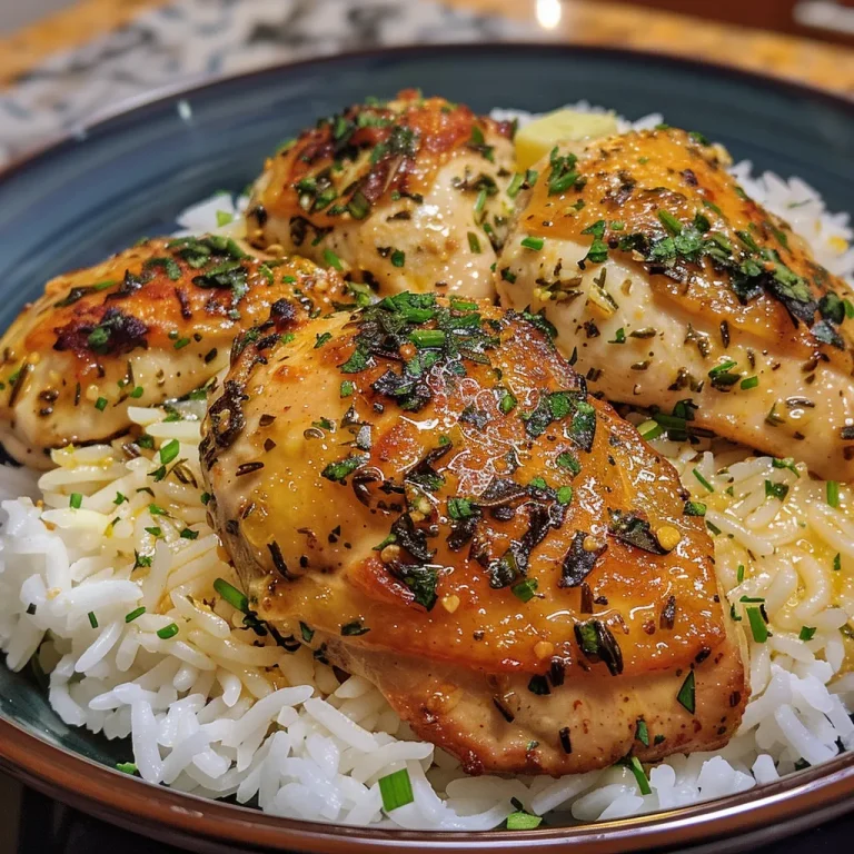 An appetizing side view of garlic butter chicken over rice, showcasing a golden brown crust and herbs.