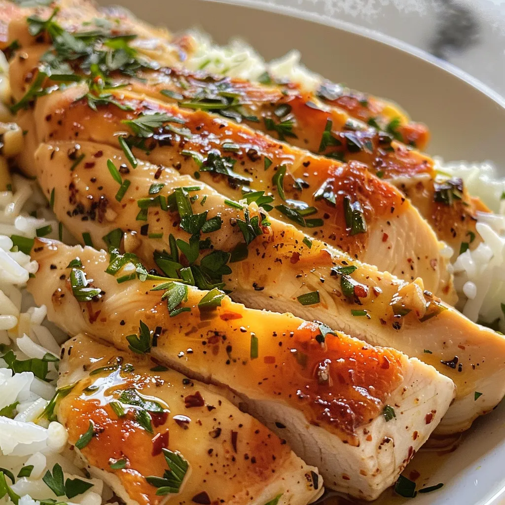 Close-up image of tender garlic butter chicken on rice, highlighting the dish's savory textures and colors.
