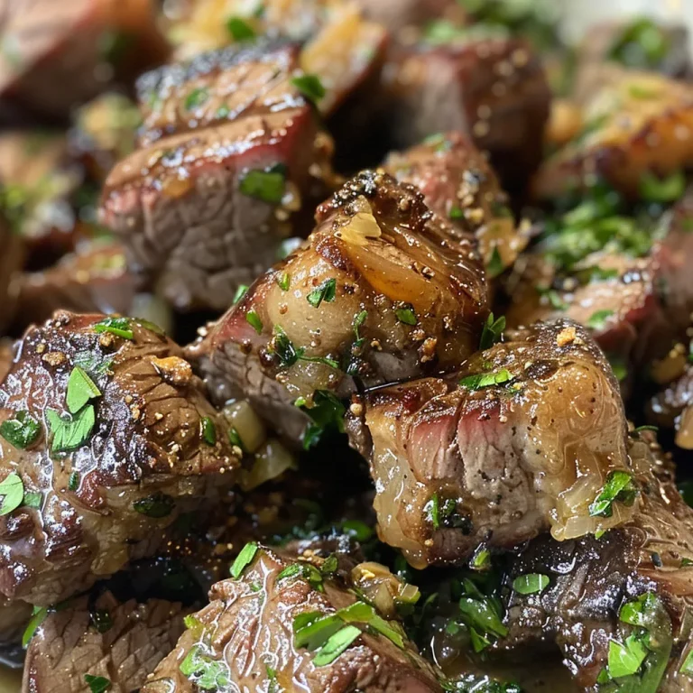 Close-up of tender steak cubes coated in melted garlic butter and herbs.