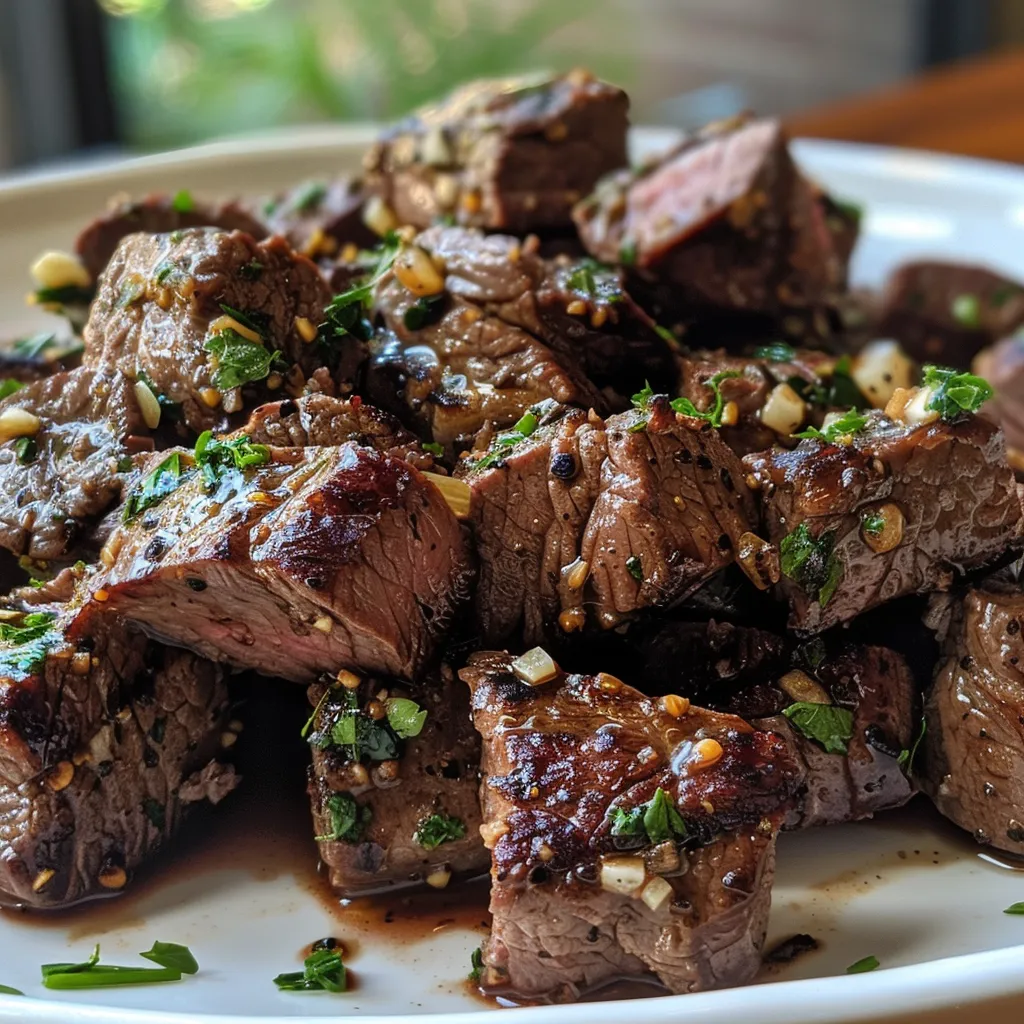 Appetizing garlic butter steak bites garnished with fresh parsley.