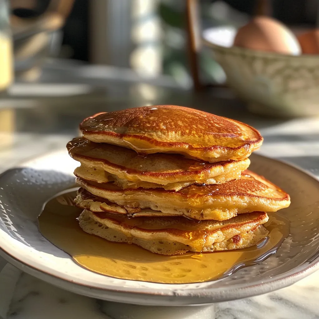 Juicy pancakes made with Greek yogurt and almond flour, served with maple syrup, captured in natural light.