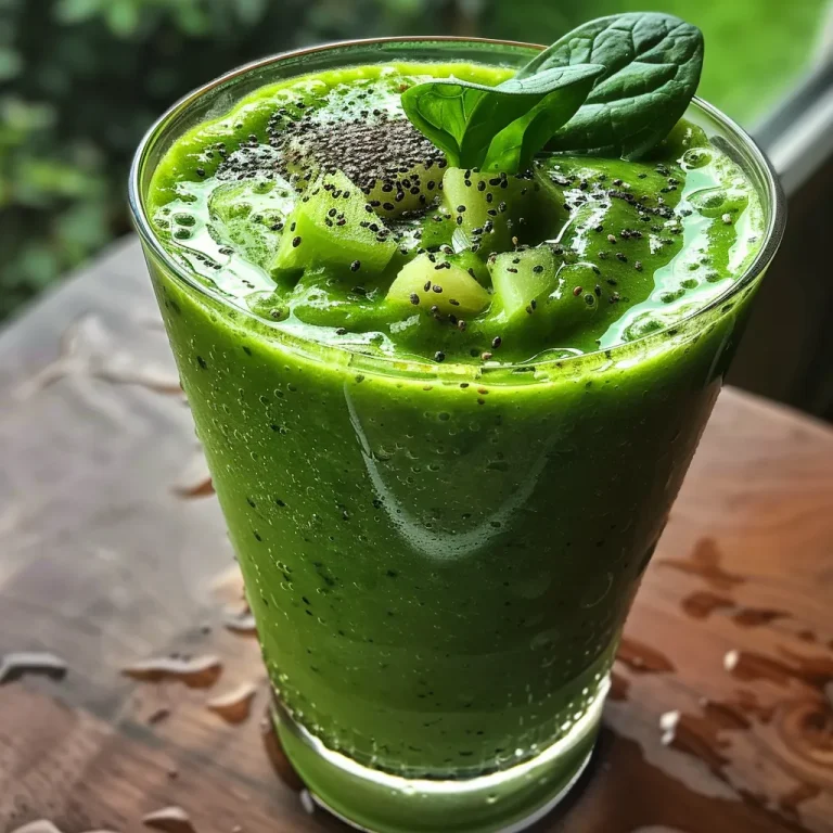 Juicy green smoothie in a clear glass, showcasing its bright color and surrounding fruits.