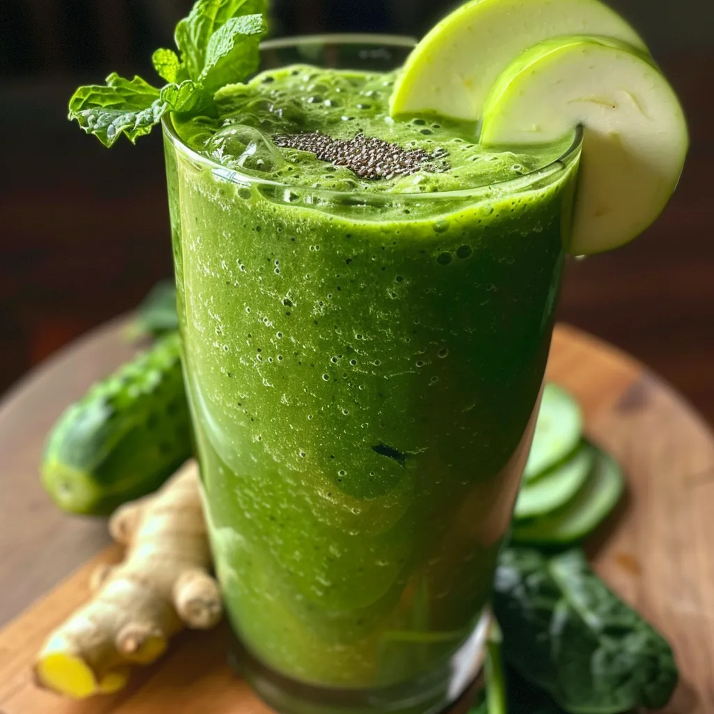 Fresh green detox smoothie with a straw, featuring ingredients like pineapple and ginger.
