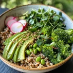 A side perspective of a nutritious Buddha Bowl filled with broccoli, sliced cucumber, and drizzled dressing.