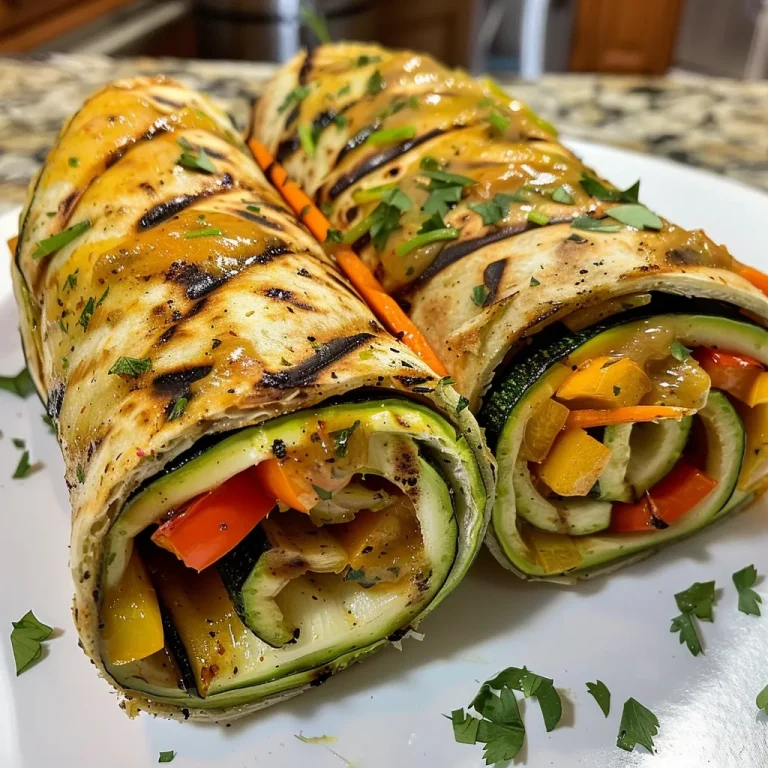 Juicy grilled veggie wrap with zucchini, bell peppers, and carrots, captured up close.