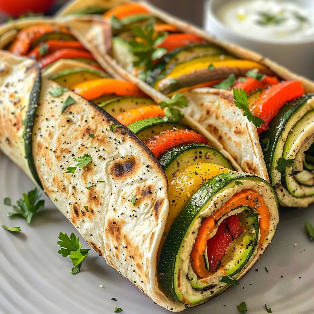 Detailed shot of a veggie wrap highlighting fresh herbs and grilled vegetables.