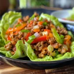 Colorful ground turkey lettuce wraps arranged on a plate, showcasing vibrant ingredients.