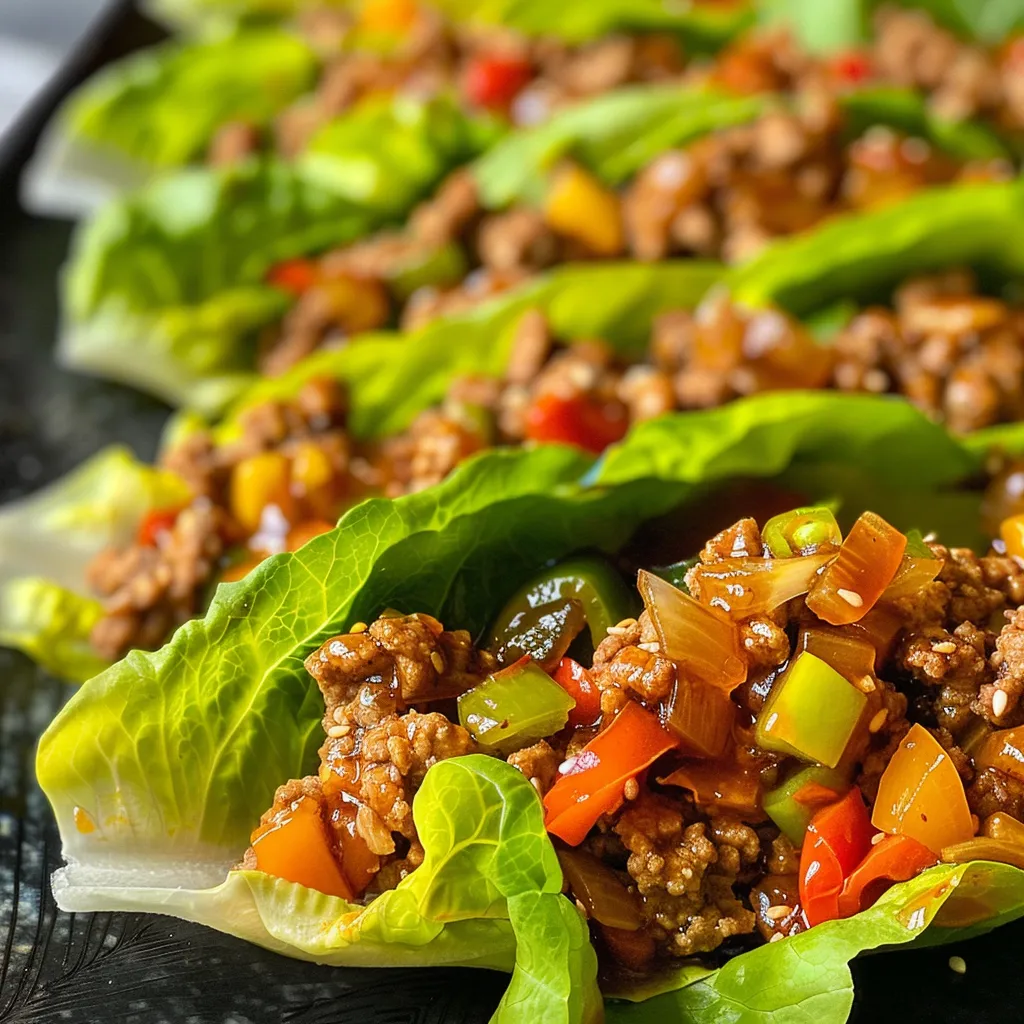 Fresh lettuce wraps filled with ground turkey and vegetables, ready to enjoy.