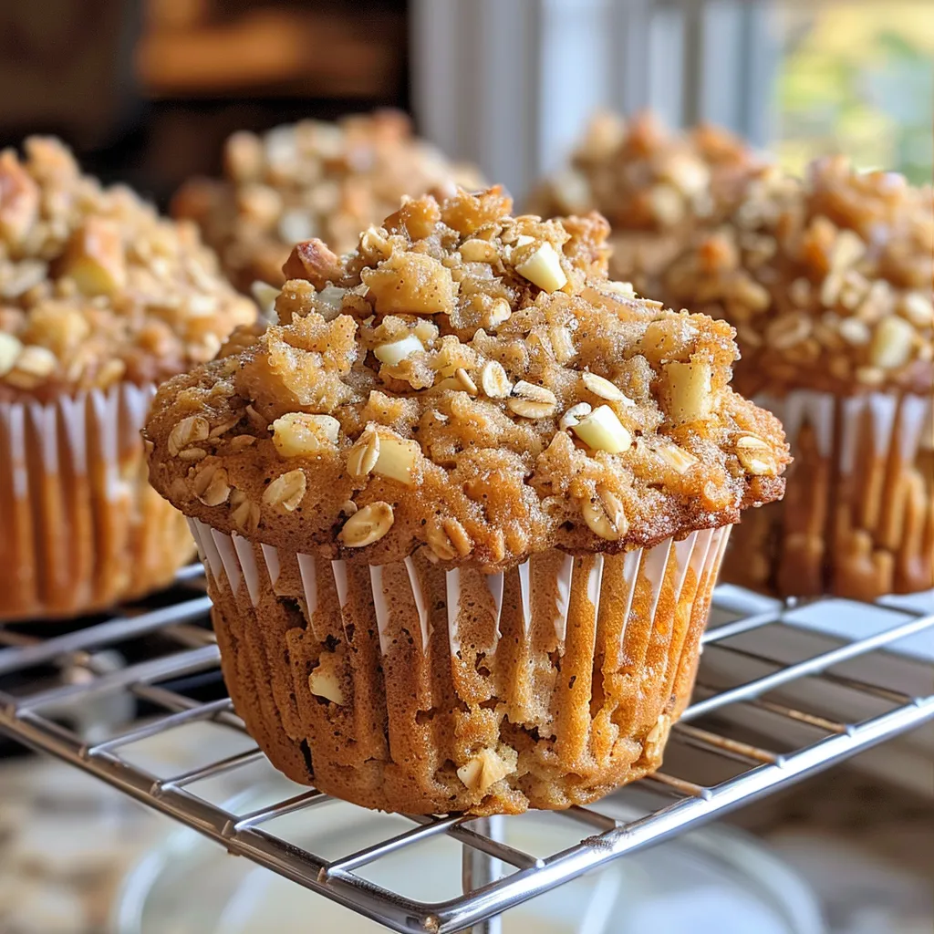Juicy and fluffy apple cinnamon oat muffins displayed on a rustic wooden table.