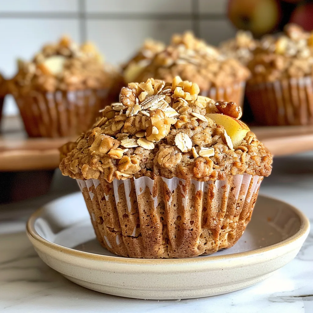 Close-up photo featuring several Healthy Apple Oat Muffins, emphasizing their wholesome ingredients and rustic appearance.