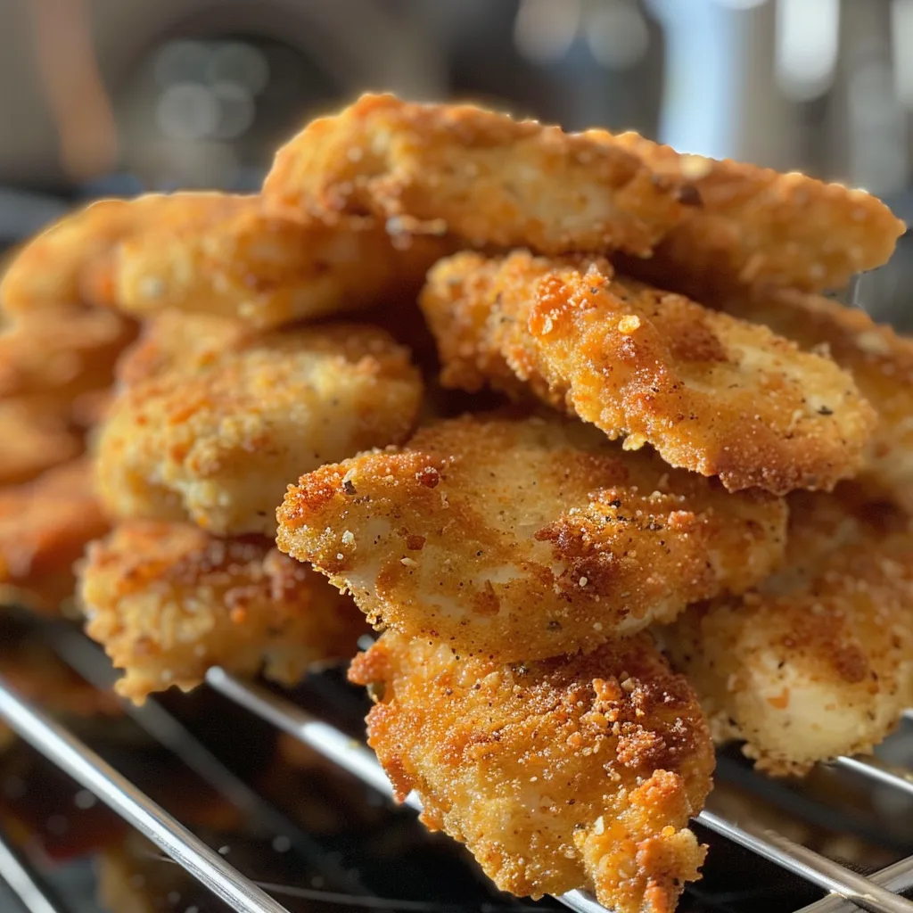 Freshly made chicken nuggets arranged neatly, highlighting their healthy ingredients, including almond flour and chicken.