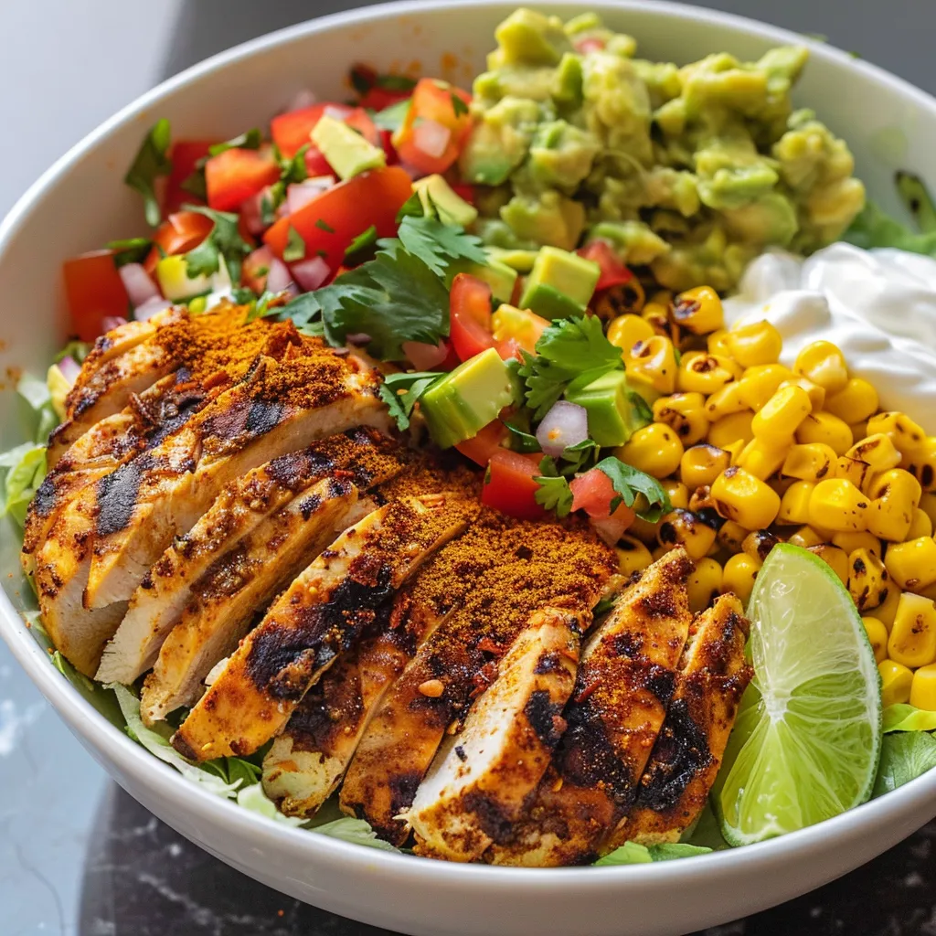 A detailed view of a healthy taco bowl with grilled chicken, corn, guacamole, and garnished with cilantro.
