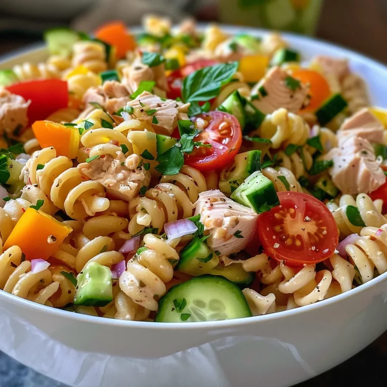Delicious Healthy Tuna Pasta Salad focusing on fresh ingredients like bell peppers, Greek yogurt, and pasta.