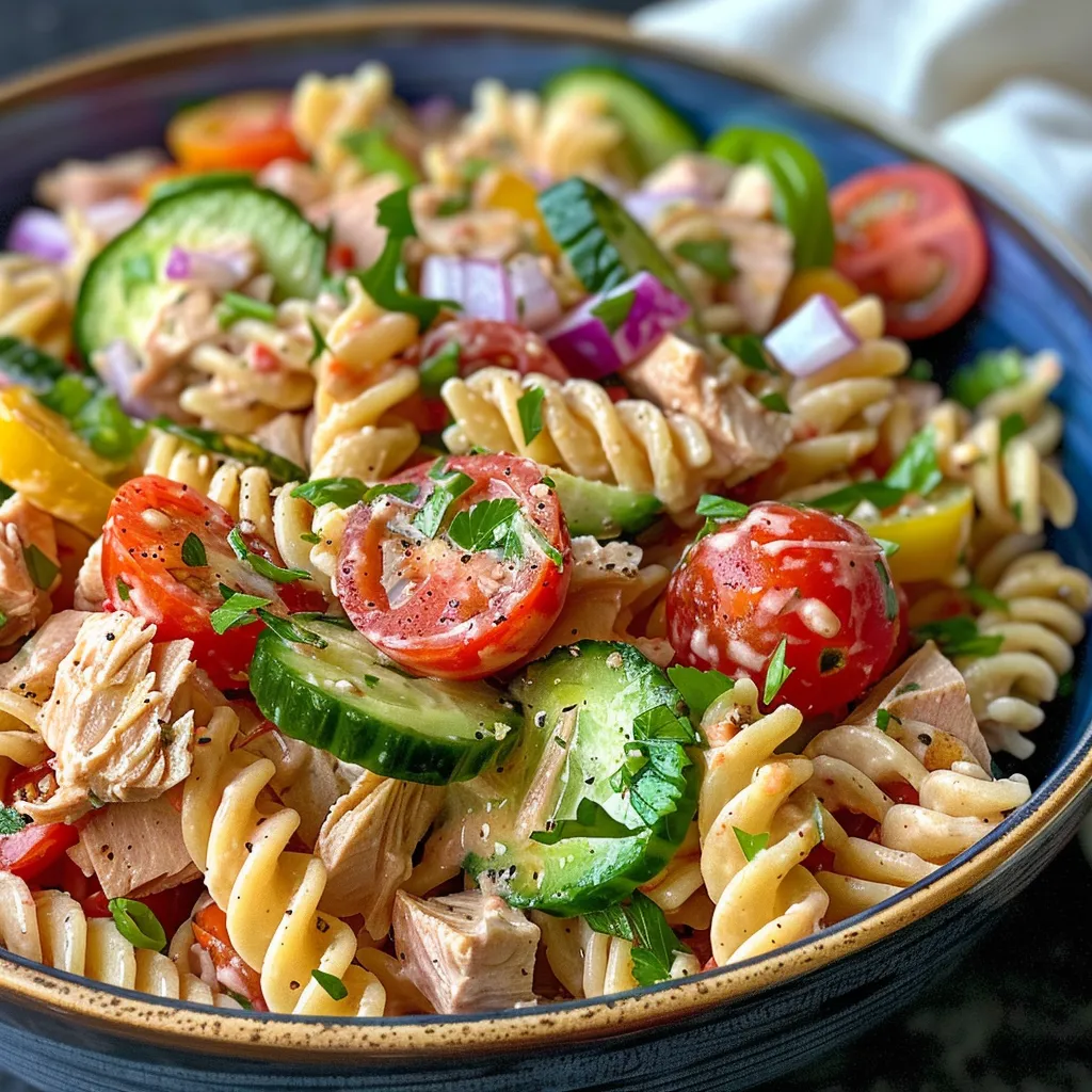 Side view of a nutritious Healthy Tuna Pasta Salad with a mix of vegetables and garnished with fresh herbs.