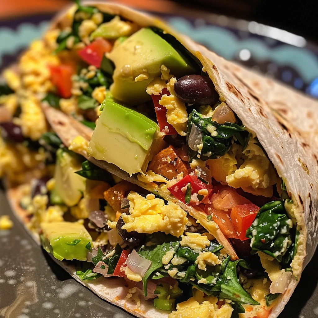 A delicious breakfast burrito held in hand, revealing its vibrant filling of beans, veggies, and eggs.