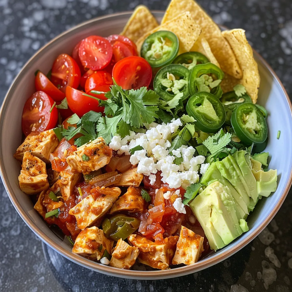 Mouthwatering High Protein Cottage Cheese Chicken Taco Bowl filled with chicken, salsa, and fresh cilantro.