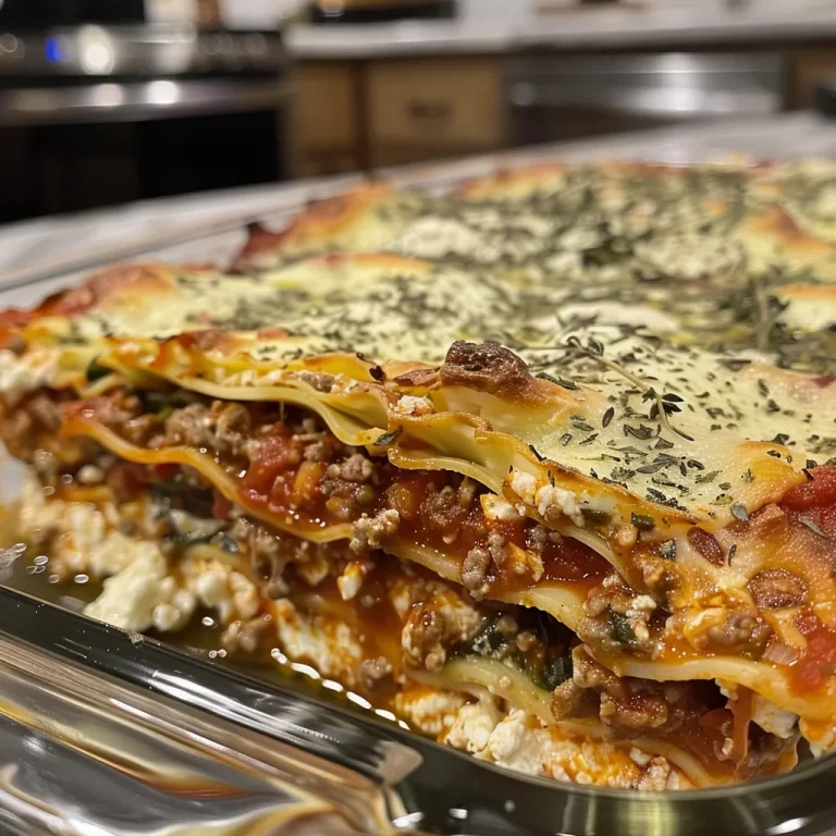A detailed shot of cottage cheese lasagna highlighting the ingredients and textures within the dish.