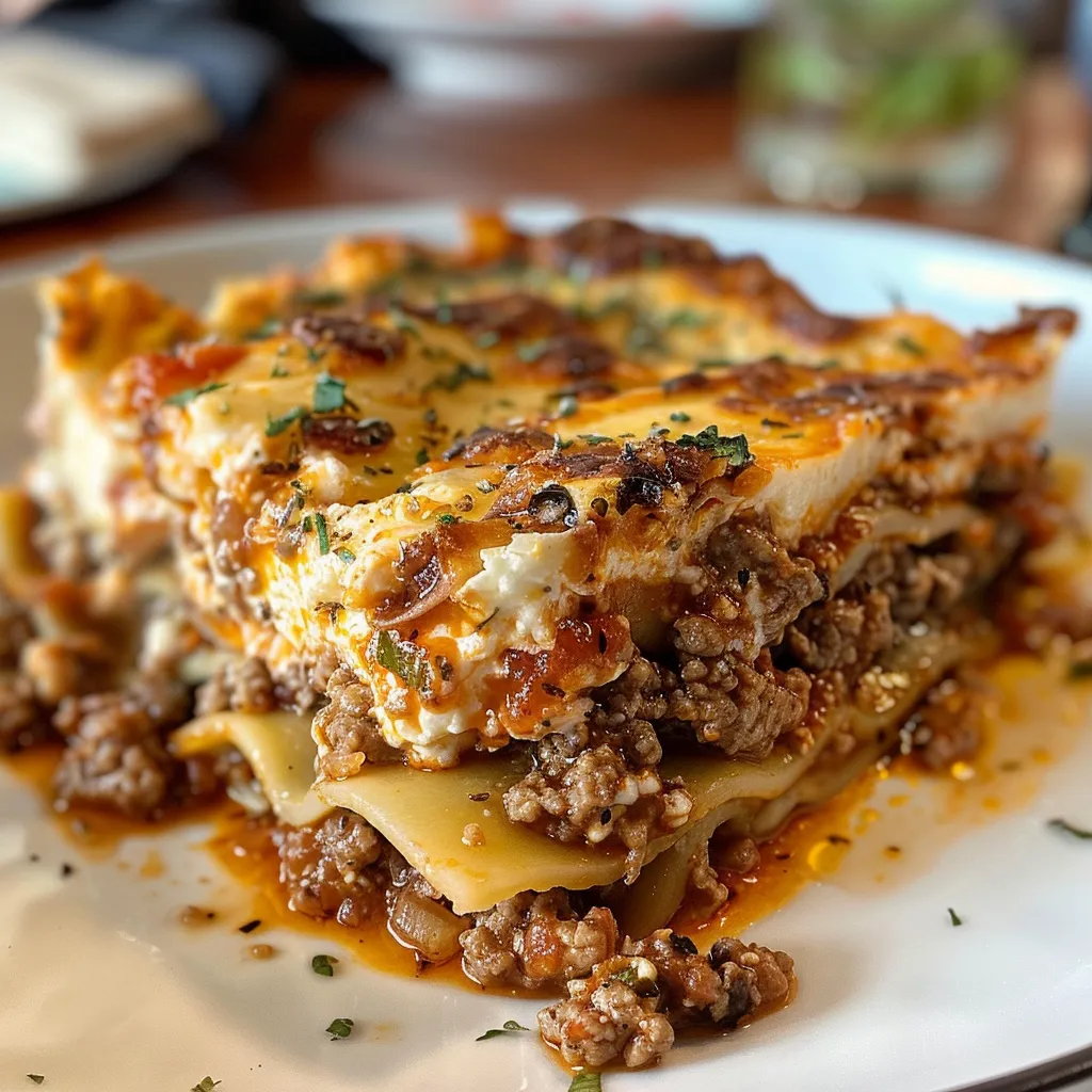 Close-up of a hearty cottage cheese lasagna with visible spinach, meat, and cheese layers.