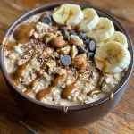 A beautifully arranged bowl of high-protein peanut butter overnight oats with dark chocolate chips and banana slices.