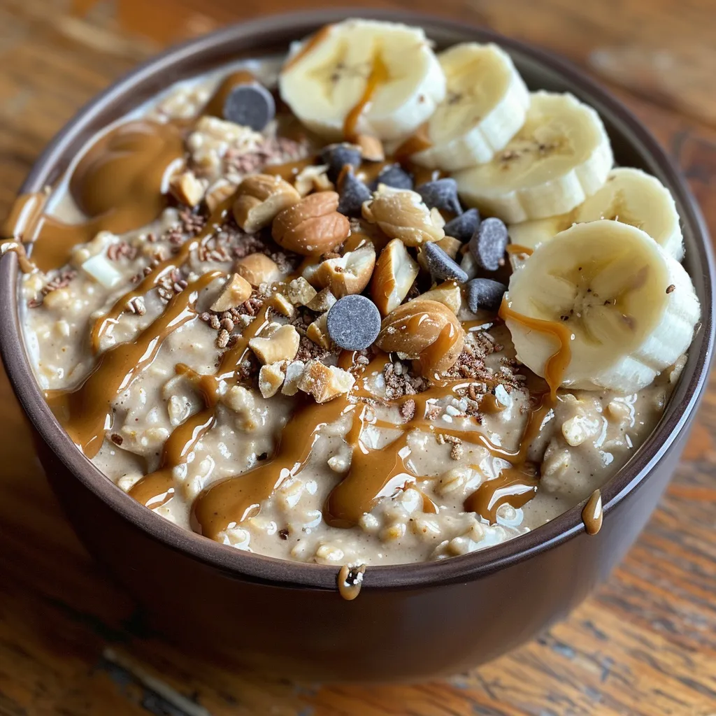 A beautifully arranged bowl of high-protein peanut butter overnight oats with dark chocolate chips and banana slices.