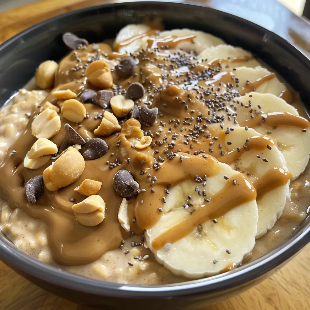 Close-up image of high-protein peanut butter overnight oats with chia seeds and a dollop of Greek yogurt on top.
