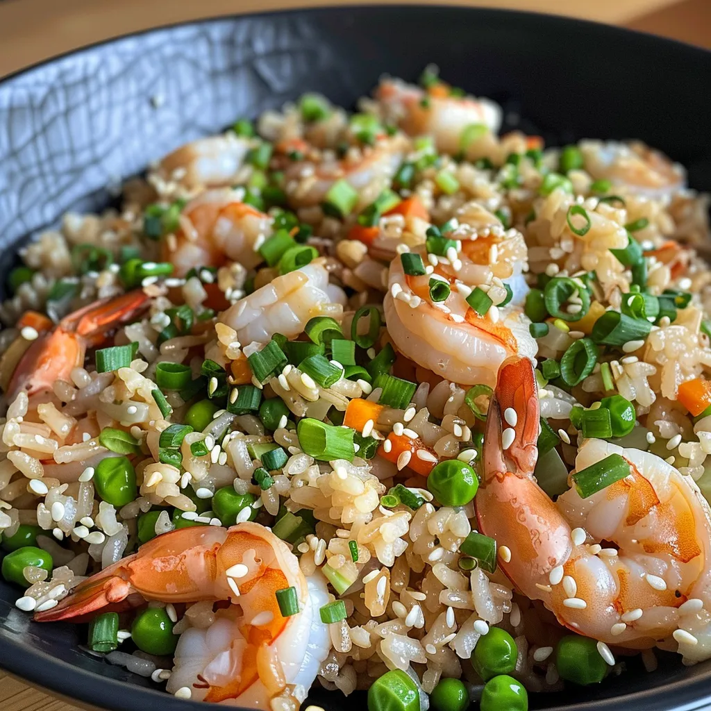 Detailed close-up of high-protein shrimp fried rice, with shrimp, rice, and garnishes visible.