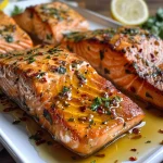 Succulent salmon fillet topped with honey mustard glaze and fresh parsley on a plate.