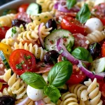 A fresh mix of rotini pasta, vegetables, and herbs in an Italian Pasta Salad.