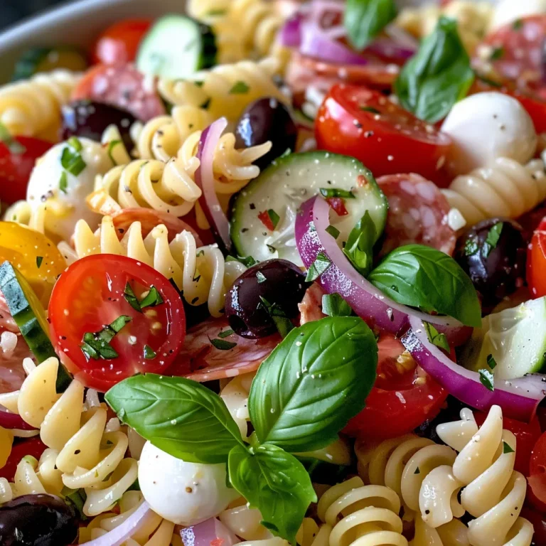 A fresh mix of rotini pasta, vegetables, and herbs in an Italian Pasta Salad.