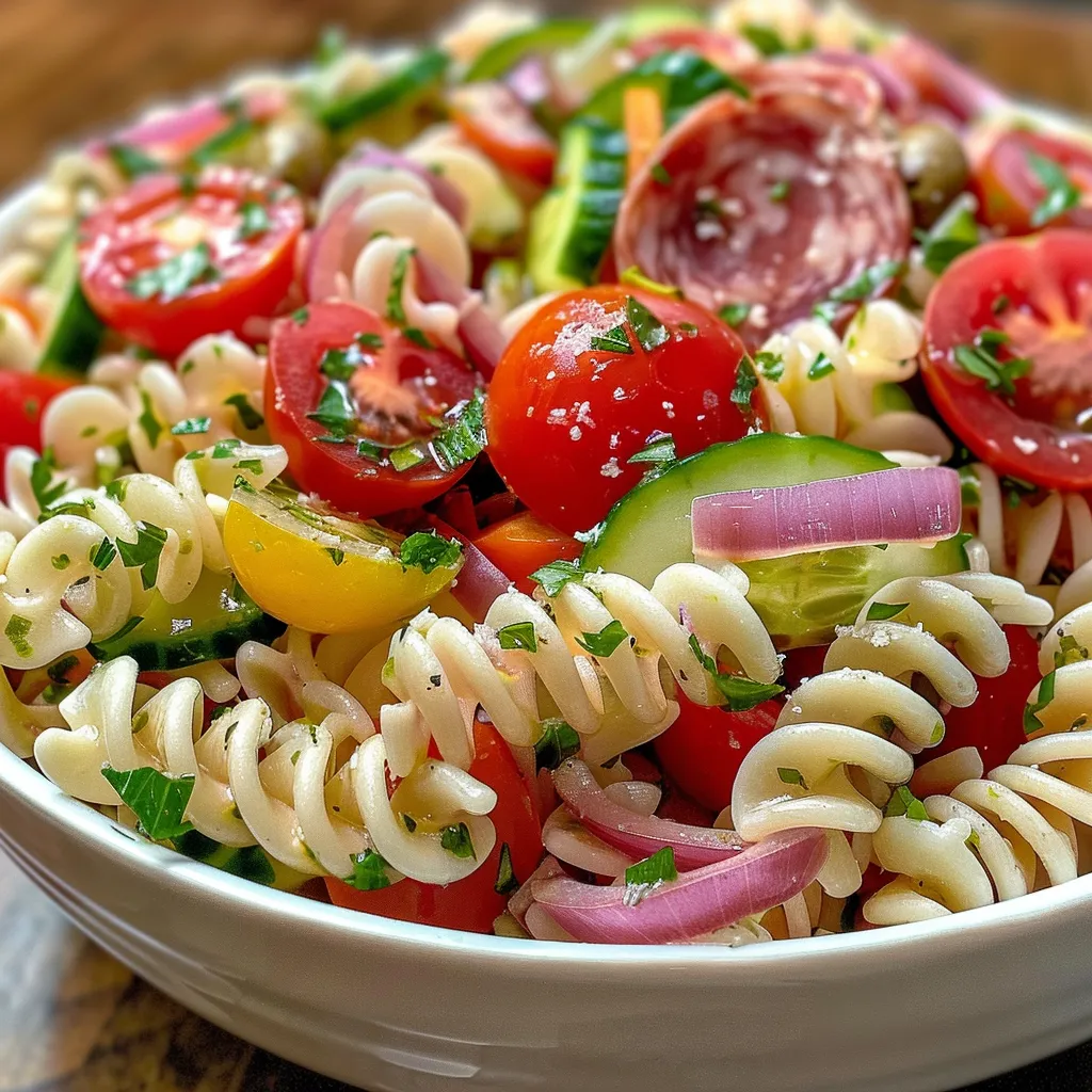 Italian Pasta Salad with bright ingredients including tomatoes, cucumbers, and mozzarella balls.