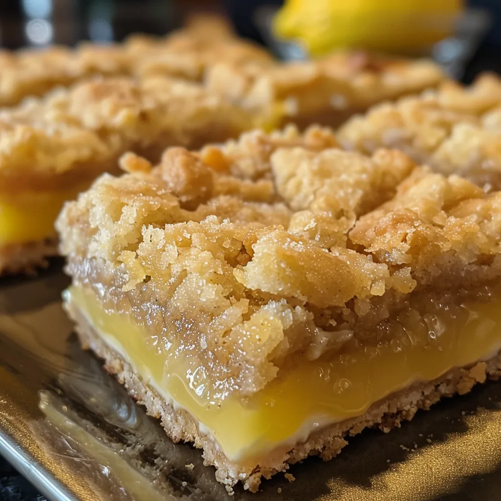 A stack of lemon crumb bars with a sprinkle of lemon zest on top.
