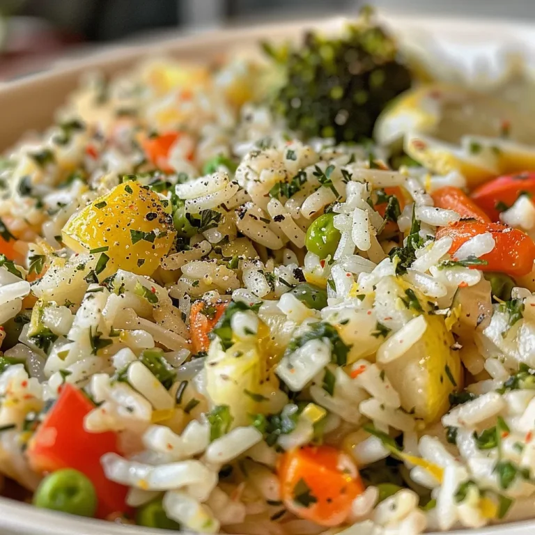 A side perspective of Lemon Herb Veggie Rice in a bowl, featuring bright green herbs and colorful pieces of chopped vegetables.