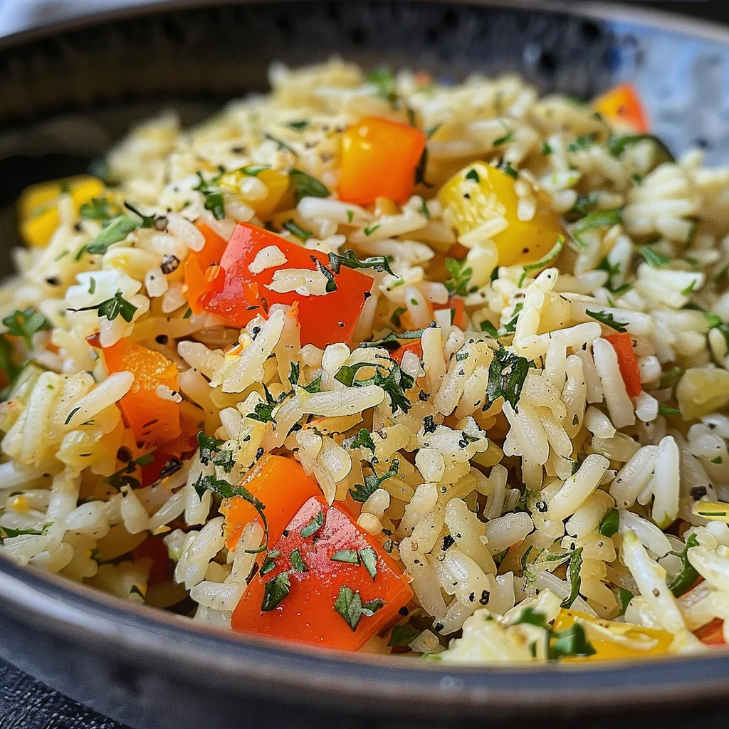 A close-up image of Lemon Herb Veggie Rice, focusing on the texture of the rice and the vividness of the accompanying vegetables.