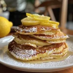 Appetizing lemon ricotta pancakes garnished with lemon zest and a drizzle of syrup.