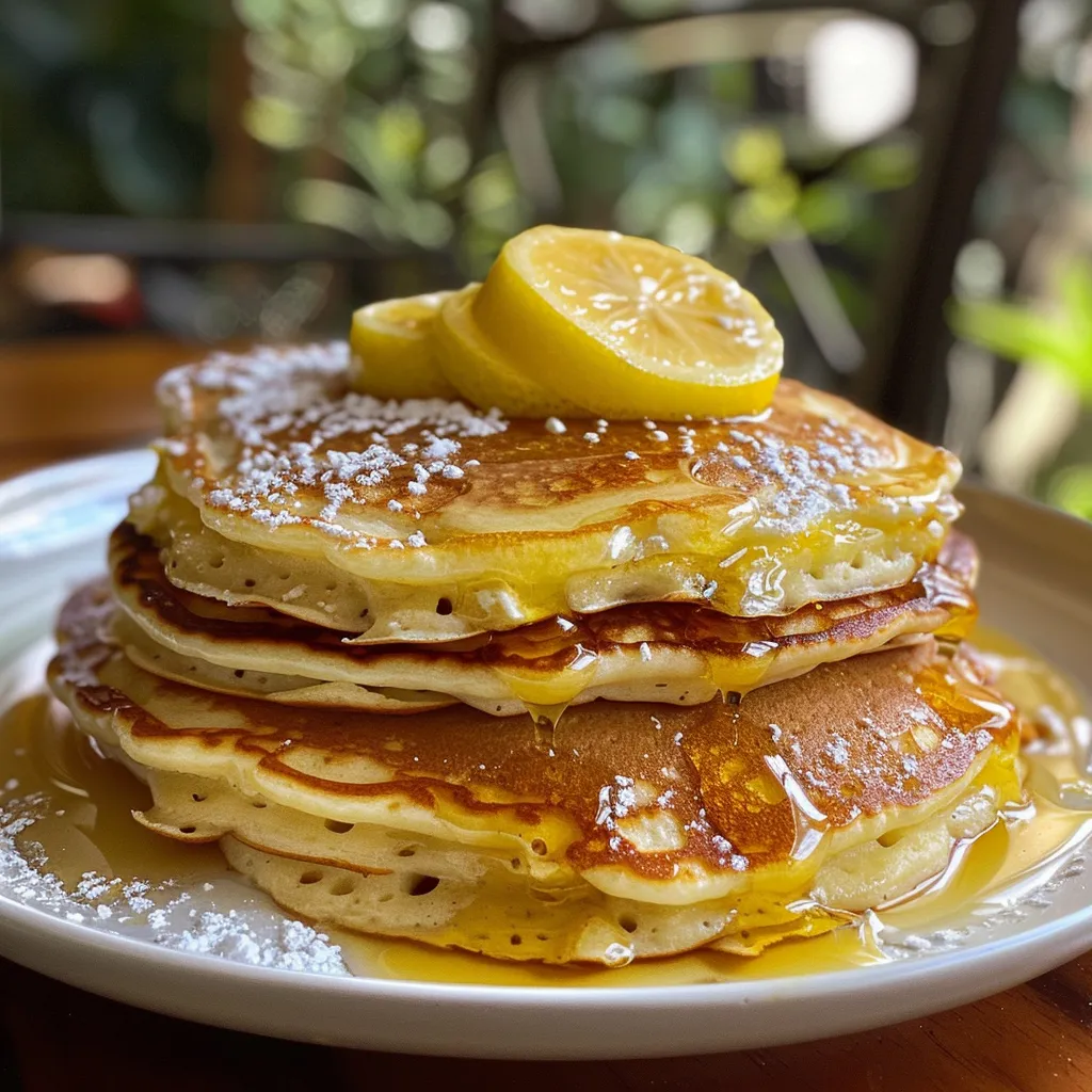 Delicious stack of lemon ricotta pancakes on a plate, captured in natural light.