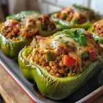 Detailed image of lentil stuffed peppers, emphasizing the textures of the peppers and the cooked filling ingredients.