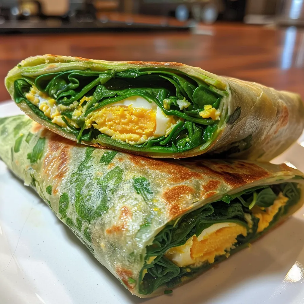 Close-up perspective of a delicious spinach wrap, emphasizing its juicy texture and bright colors.
