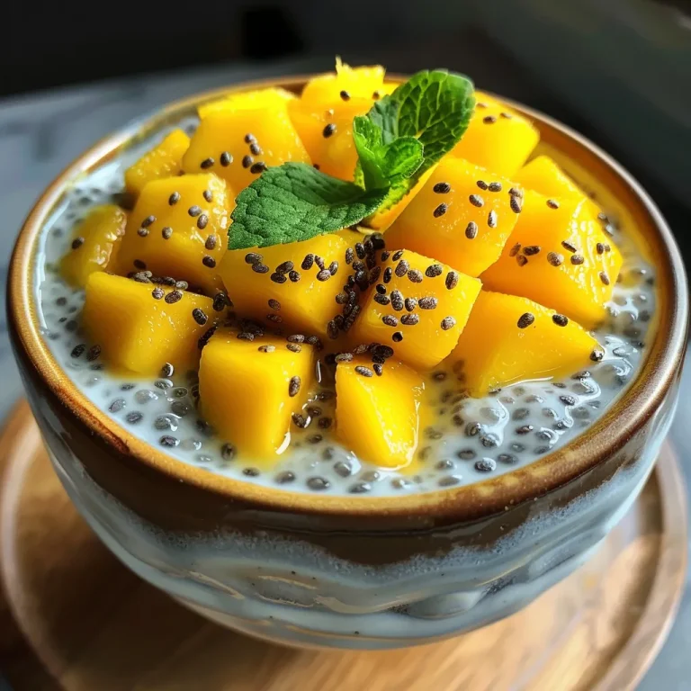 Juicy mango chia pudding in a glass, highlighting its velvety texture and vibrant color.