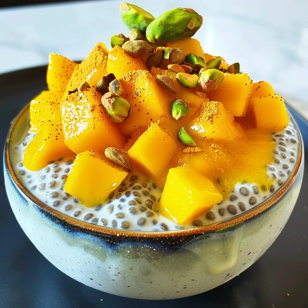 A colorful mango chia pudding with a smooth texture, decorated with diced mango and pistachios, captured from the side.