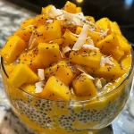 Detailed shot of mango chia seed pudding in a clear bowl with layers of mango and chia seeds visible.