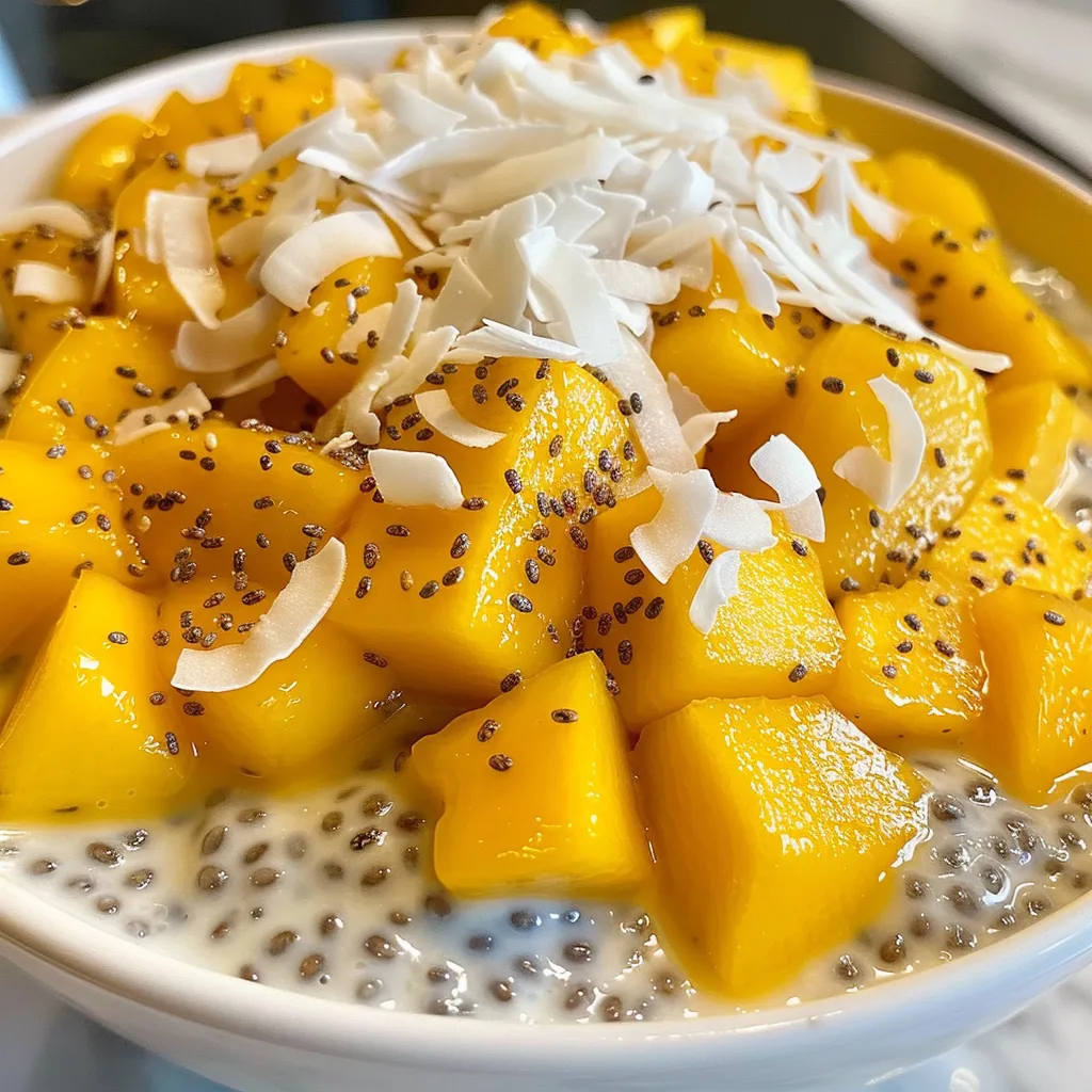 Close-up image of delicious mango chia seed pudding garnished with toasted coconut flakes and fresh mango.