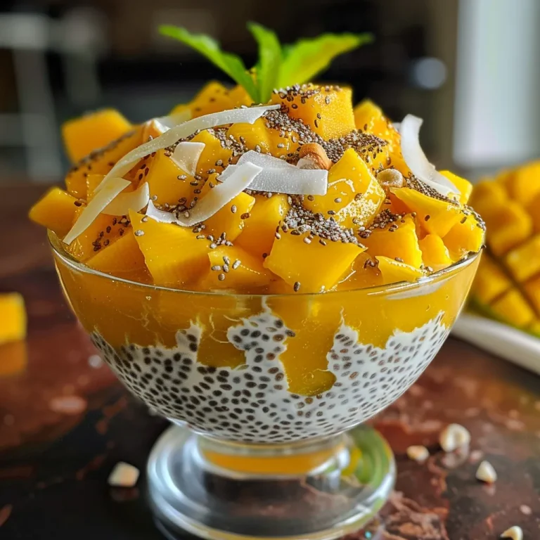Side view of chia pudding with a rich coconut base and bright orange mango, highlighting its creamy consistency.