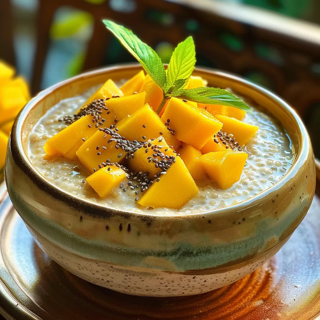 Detailed shot of a colorful mango coconut chia pudding with chia seeds visible, creating an inviting dessert look.