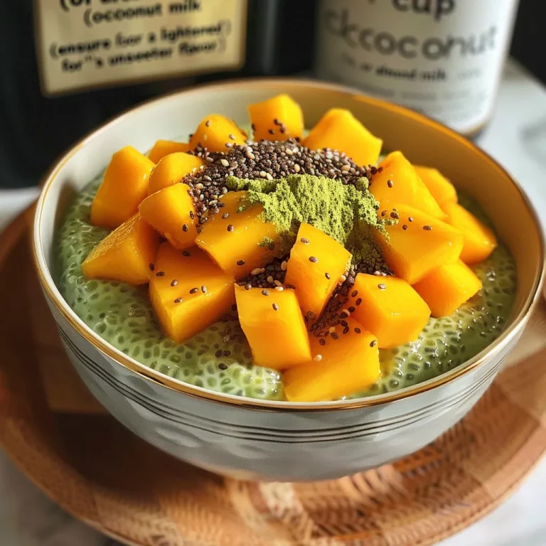 Elevate Your Breakfast: Creamy Mango Matcha Chia Pudding Made Easy A detailed view showcasing the texture of Mango Matcha Chia Pudding alongside diced mango pieces.