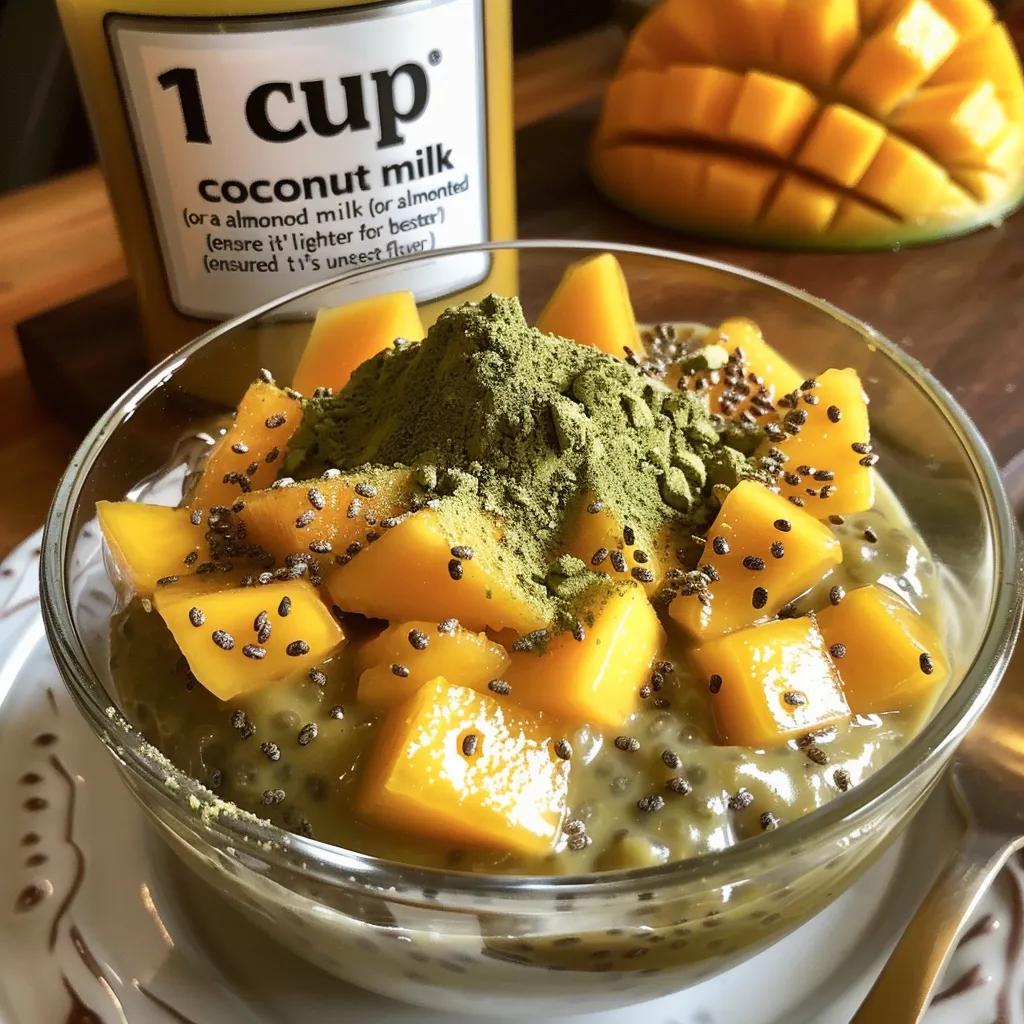 A rich, thick Mango Matcha Chia Pudding served in a clear glass, garnished with mango.
