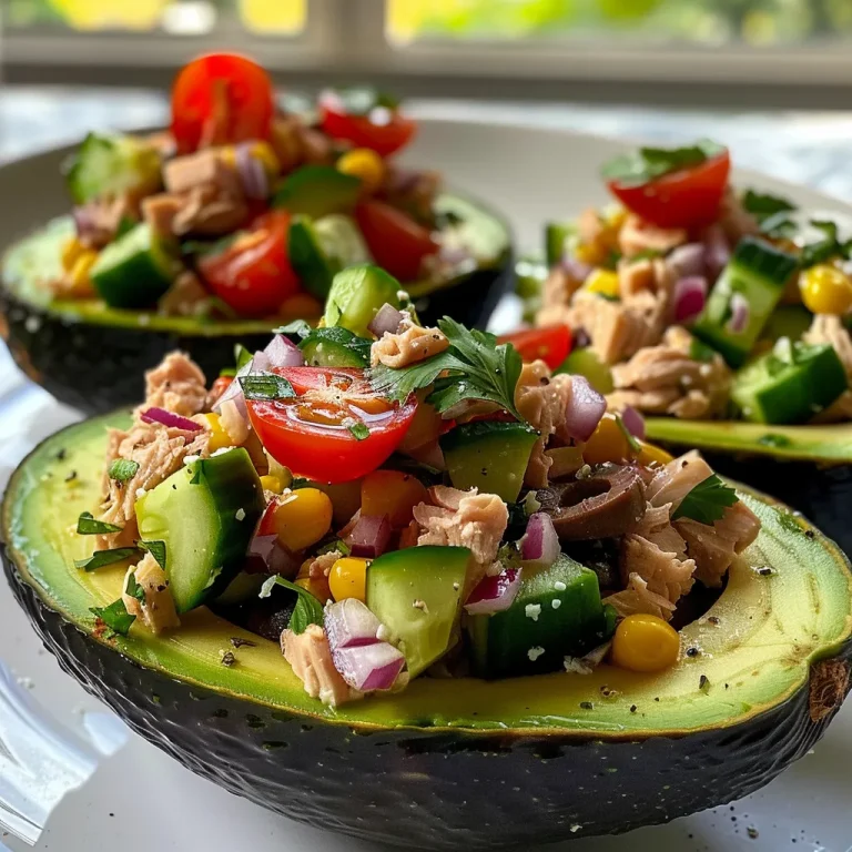 Juicy avocados topped with a medley of tuna and fresh vegetables.