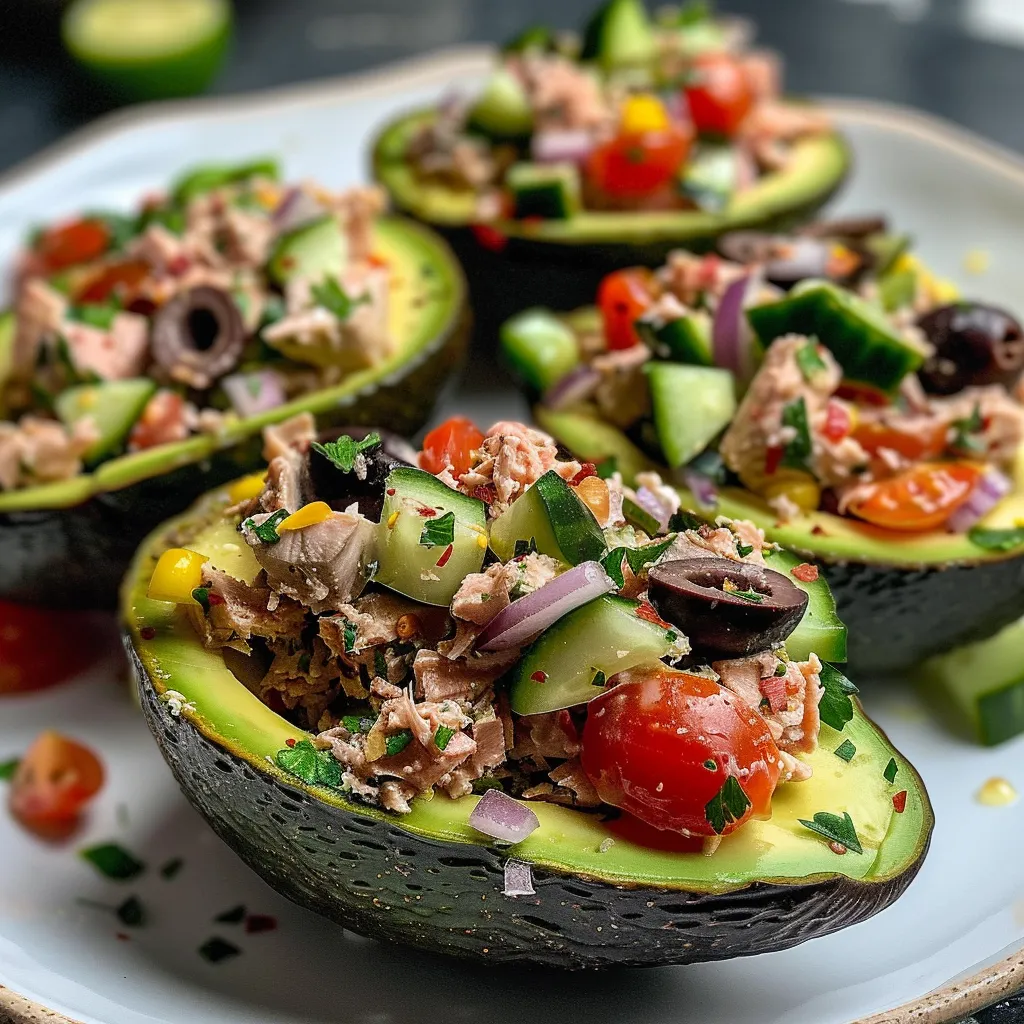 Vibrant Mediterranean Tuna Stuffed Avocados on a plate.