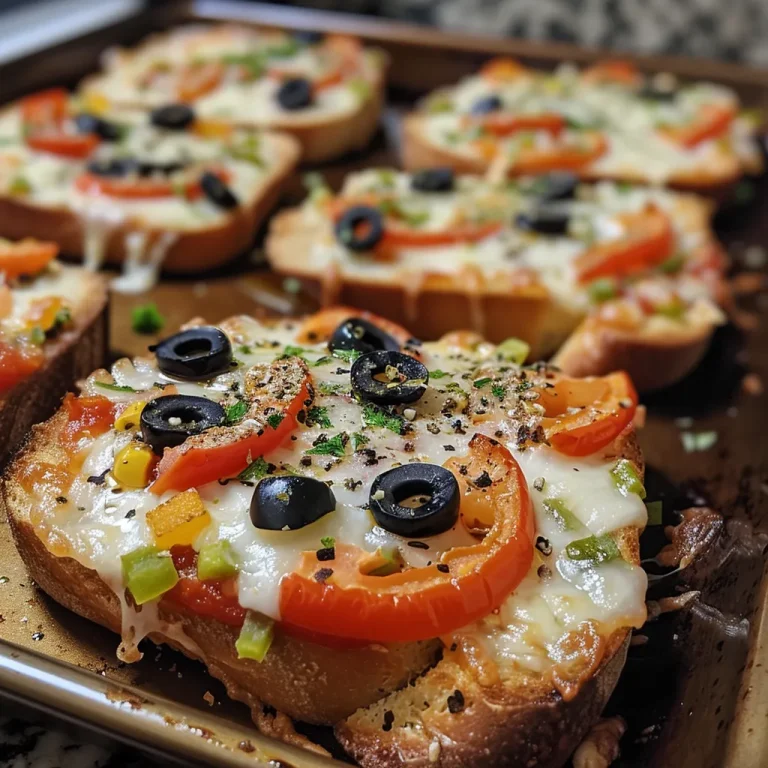 Juicy mini garlic toast pizzas garnished with diced bell peppers and sliced olives, showcasing a cheesy texture.